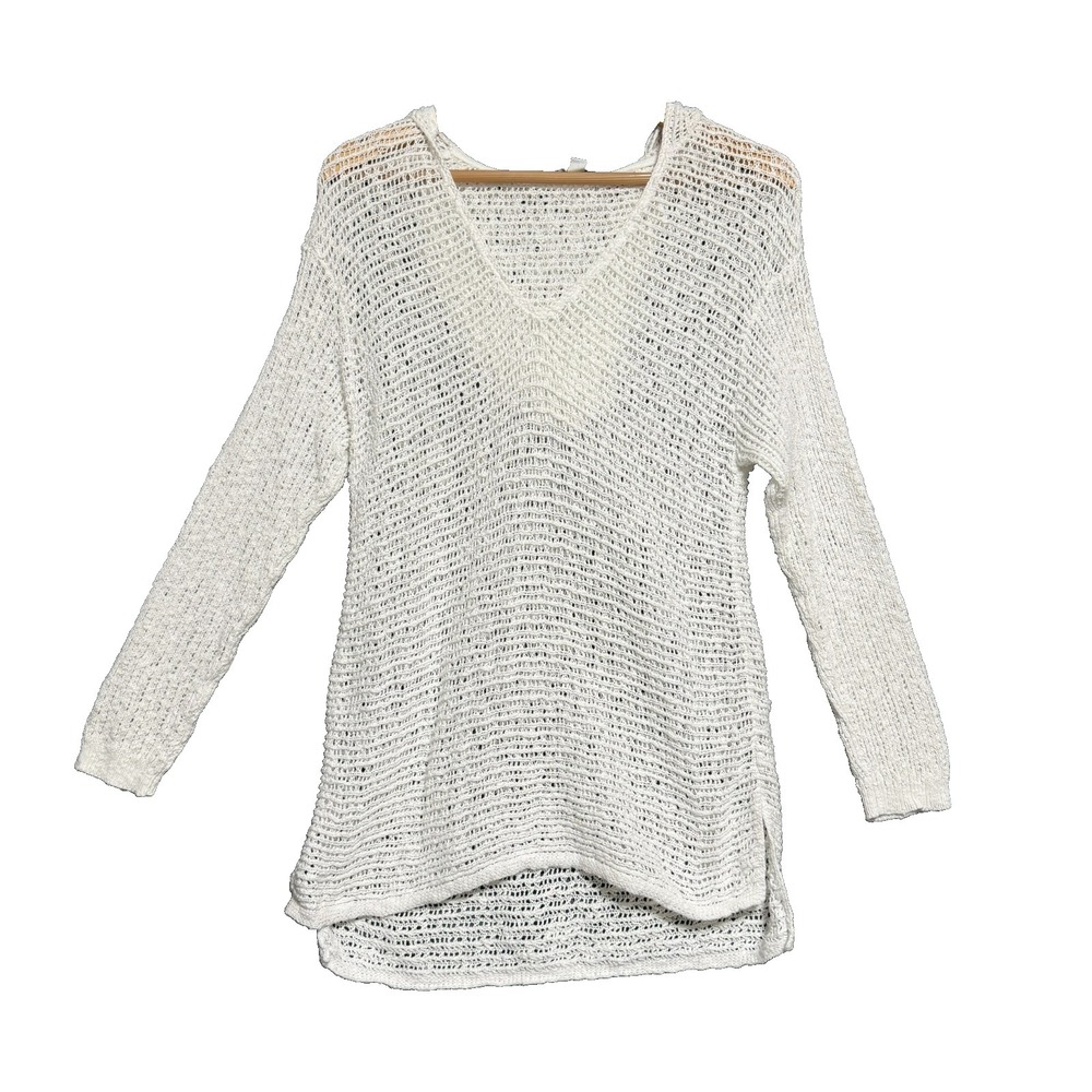 Pure Jill Hooded Sweater Womens S White Open Knit  Coastal Boho Beachy Cover Up